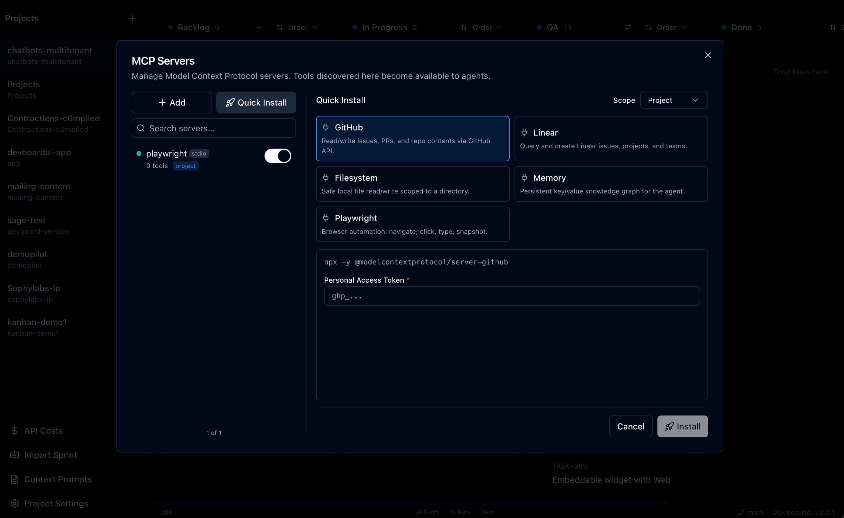 DevboardAI MCP settings — quick-install templates for GitHub, Linear, Filesystem, Memory, and Playwright with per-task allowlist and Keychain-backed secrets
